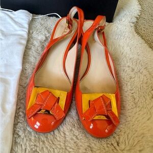 Prada Orange Slingback Bow Wedge Heels Size 37.5 EU